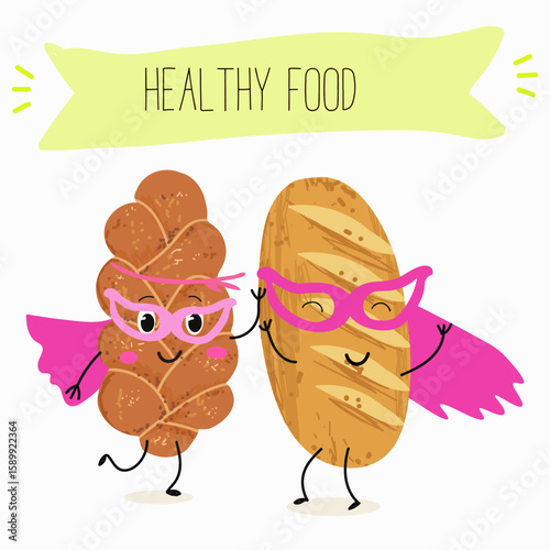 Baked food funny characters, hand drawn vector illustration.