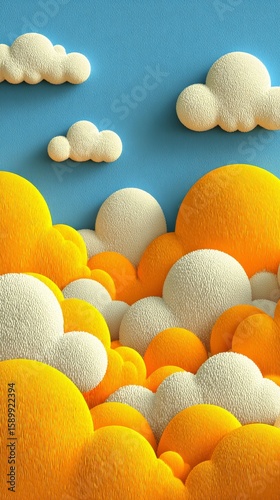 Bright Yellow and White Clouds Against a Blue Background Create a Playful Atm...