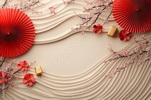 Beautiful Red Decorative Fans and Flowers Arranged Elegantly on Textured Back...