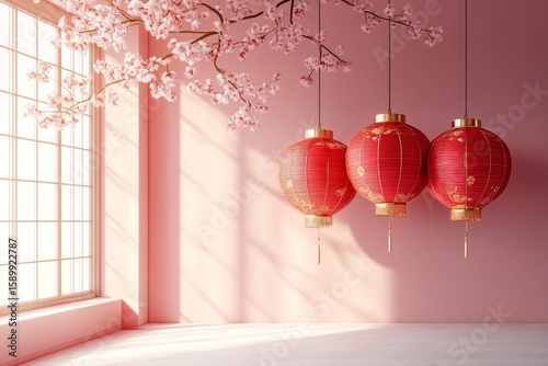 Decorative Red Lanterns Hanging in a Bright Room Adorned With Cherry Blossom ...
