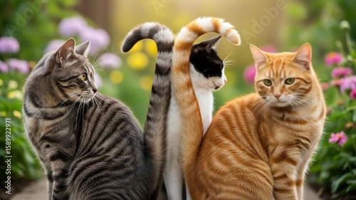 Three Curious Cats in a Garden, Playful Poses, Sunny Day