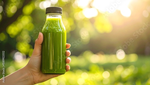 Fototapeta Naklejka Na Ścianę i Meble -  Hand holding a green smoothie bottle outdoors
