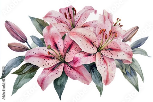 Beautiful Pink Lilies Blooming in a Delicate Watercolor Style With Soft Backg...