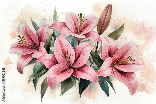 Beautiful Pink Lilies Blooming in a Delicate Watercolor Style With Soft Backg...