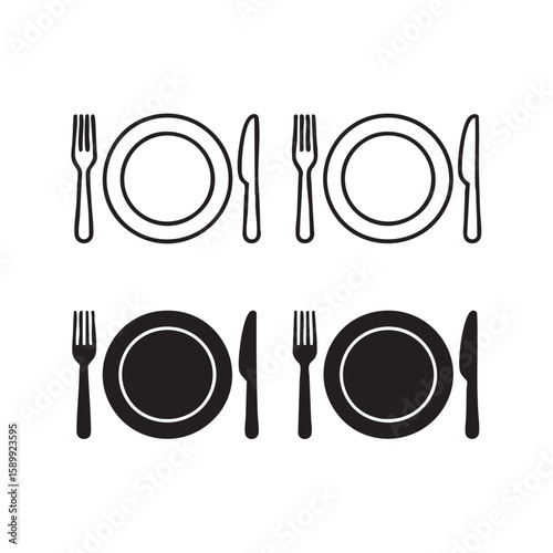 Black and white outline and solid icons of plates with forks and knives knife cutlery