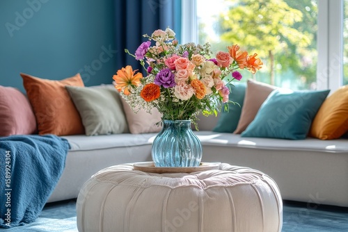 Colorful Flower Arrangement on a Cozy Table in a Bright Living Room
