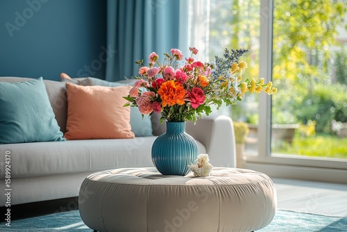 Bright Floral Arrangement in a Cozy Living Room With Colorful Pillows and Nat...