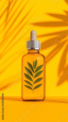 Amber essential oil bottle with botanical leaf inside on bright yellow backdrop