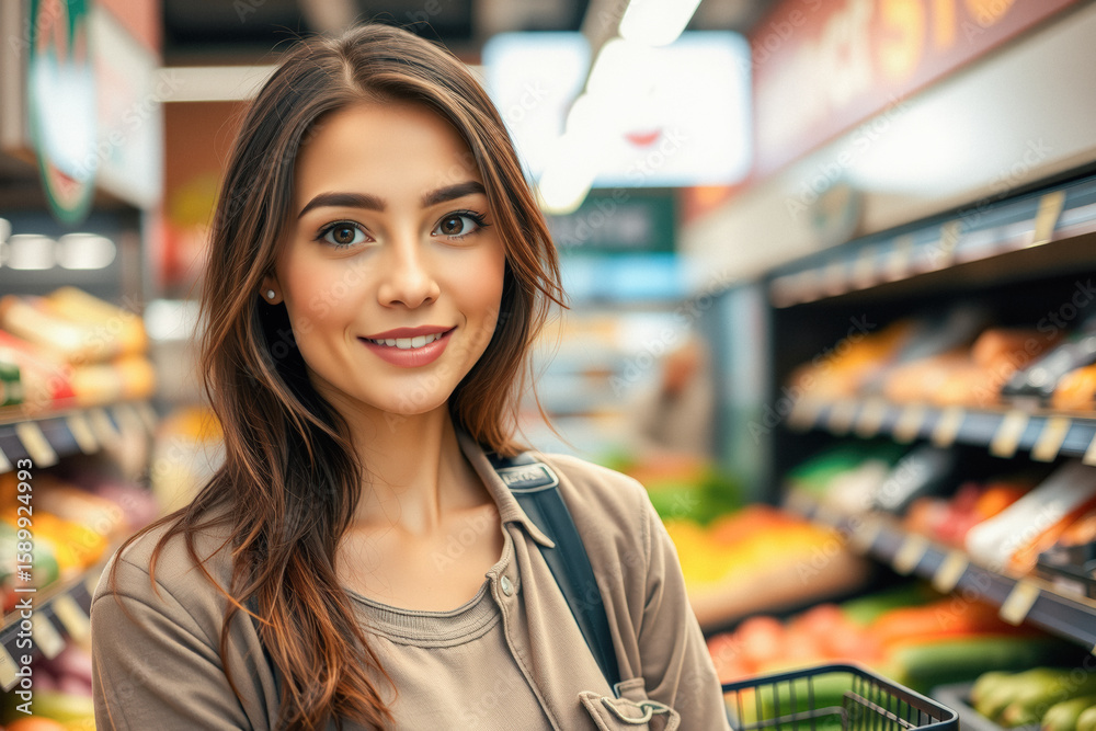 Smiling Woman Shopping in Grocery Store Smiling Woman Shopping in Grocery Store