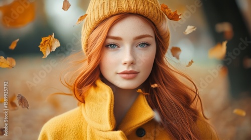 Red-haired Woman Wearing a Bright Yellow Coat and Beanie Enjoying Autumn Leav...