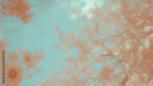 Fototapeta Naklejka Na Ścianę i Meble -  Dreamy Pastel Peach Blossoms Tree Branches Sky Background
