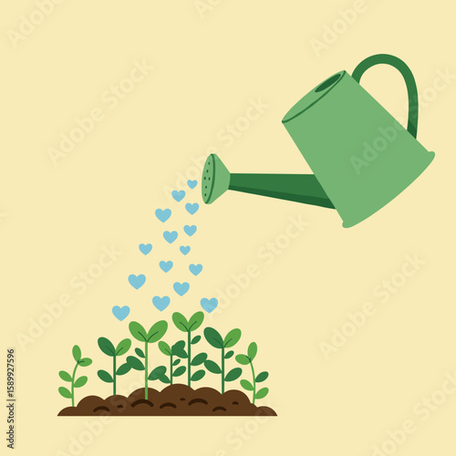 Heart-shaped water flowing from watering can onto sprouting plants, flat vector illustration with warm pastel tones, symbolizing love and growth