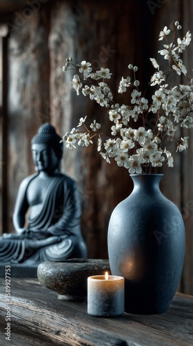 Serenity Through Still Life With Buddha Sculpture and White Flowers in Candle...