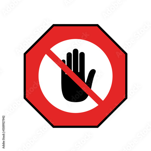 No Trespassing warning sign in flat vector style, black and red colors, stop hand symbol on white background