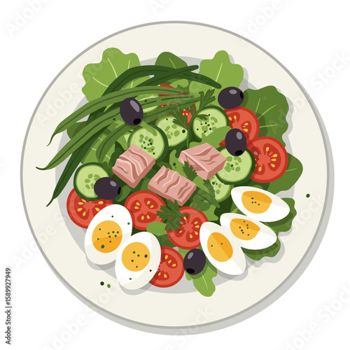 Niçoise salad top-down vector view, fresh mood, neatly arranged ingredients, clean minimalist food illustration with vibrant colors 