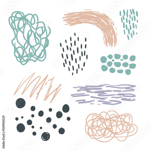 Variety of abstract doodle patterns, colorful shapes, creative design elements, artistic background