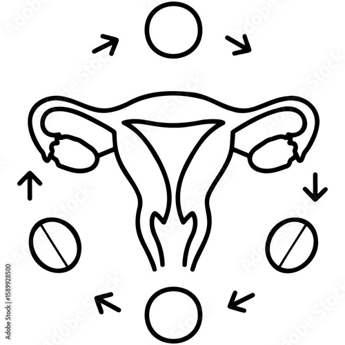 Menstrual cycle illustration, reproductive system diagram, educational icon, black and white outline
