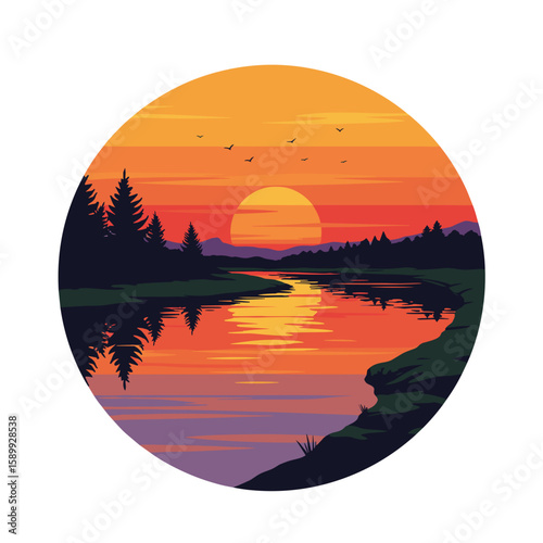 River bend at sunset, vibrant reflections and silhouetted trees, modern sleek flat vector design, bold saturated colors