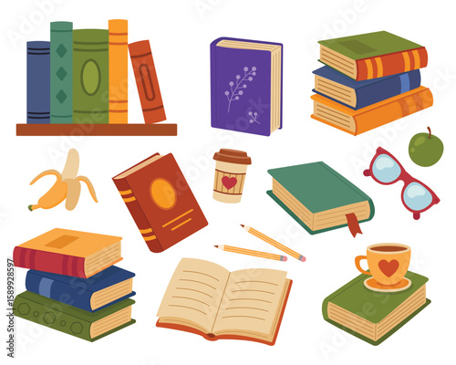 Book collection. Various stacks of books, open books, notebook for notes. Vector illustration in flat style. White isolated background