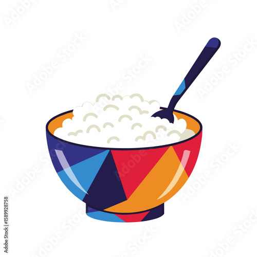 Bowl of cottage cheese with spoon inside, modern flat vector style in vibrant colors