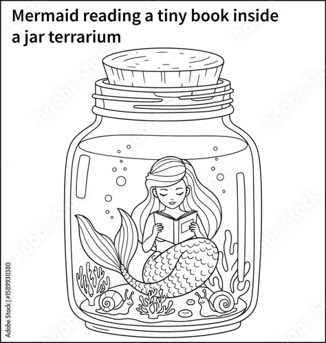 A mermaid reading a tiny book inside a jar terrarium, with a few sea snails and coral on the ground—bold and minimal line style, designed for preschool coloring activities.