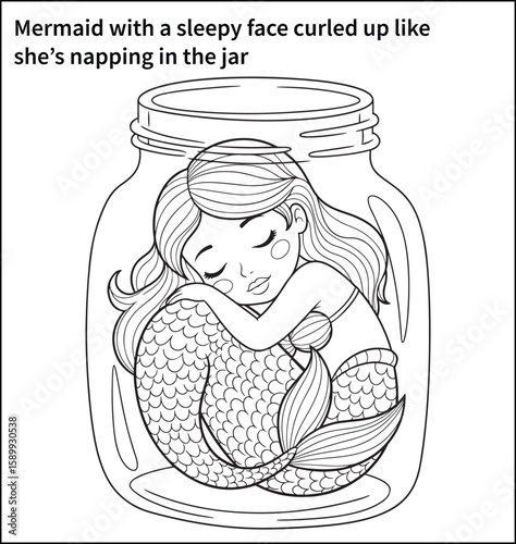 A mermaid with a sleepy face curled up like she’s napping in the jar, tail tucked under her—cozy and peaceful design for young children’s coloring books.