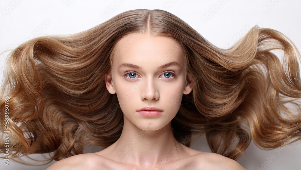 Obraz premium Retrato de belleza desde una vista superior de una mujer serena con piel perfecta y ojos azules, acostada con su cabello voluminoso y saludable con fondo blanco