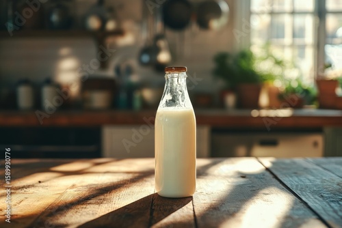 Fresh Milk Bottle on Rustic Kitchen Table Catching Warm Afternoon Light.