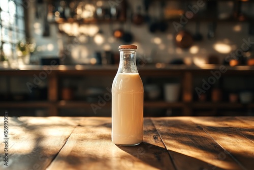 Sunlit Kitchen With a Glass Milk Bottle on a Wooden Table During Morning Hours.