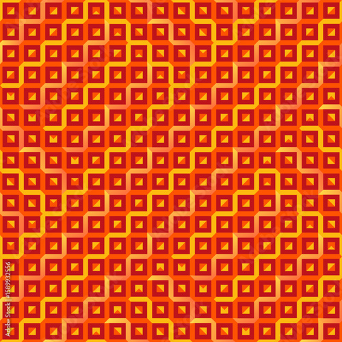 Bold seamless abstract pattern with diamond-shaped geometric elements in warm shades of red, orange, and yellow. Ideal for textile, wrapping paper, wallpapers, and digital backgrounds