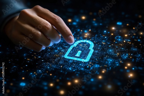 Focus on Digital Security With a Hand Touching a Glowing Lock Symbol