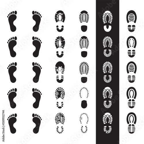 Footprints and shoe sole patterns black and white shoe prints