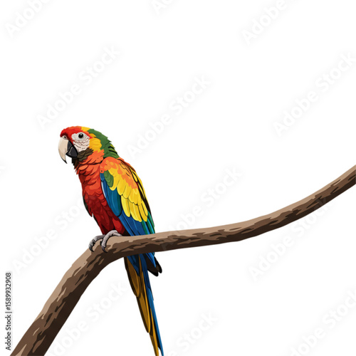 Vibrant macaw perched gracefully on a branch, showcasing tropical bird beauty and detailed plumage in a colorful design.