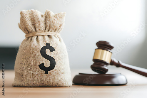 Financial Justice: A burlap money bag sits beside a wooden gavel, symbolizing legal settlements, financial crimes, and the pursuit of economic equity in court.