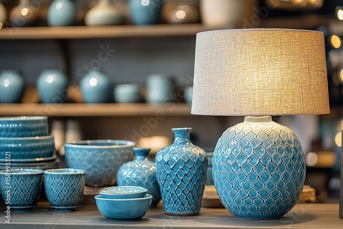 Bright Blue Pottery and Lamp Display in a Cozy Shop Setting