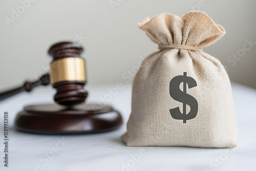 Justice and Finances: Gavel and Money Symbol. A visual representing legal decisions impacting monetary value and wealth distribution. Justice and Money.