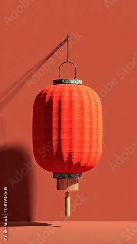 Bright Red Lantern Hanging Against an Orange Wall With Subtle Shadows in a Mo...