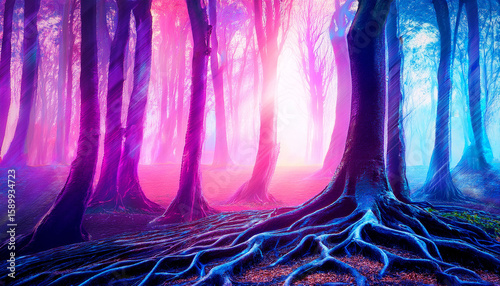 a mystical forest with glowing pink and blue roots enchanting and surreal