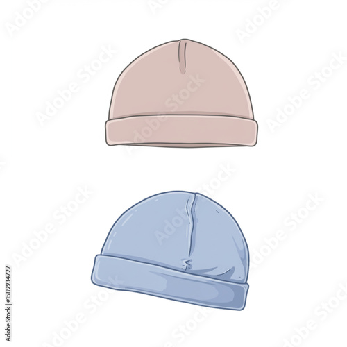 Two cute baby hats in soft colors, a beautiful graphic for baby clothing designs and children's product visuals.