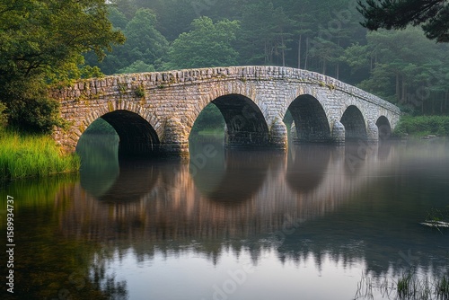 Ancient Stone Bridge Arches Over Calm River Surrounded by Lush Greenery in Ea...