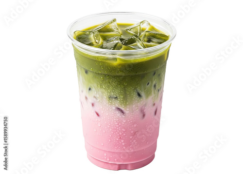 iced strawberry matcha latte in a takeaway cup