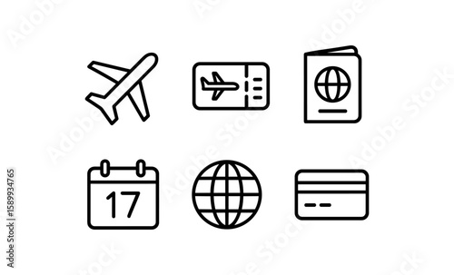 Travel essentials icons for planning vacations and trips