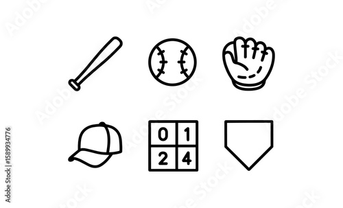 Minimalist baseball icon set featuring bat, ball, and glove