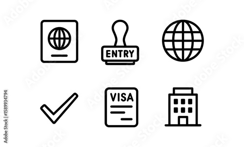 Travel document icons for passport, visa, and entry stamps in modern linear style