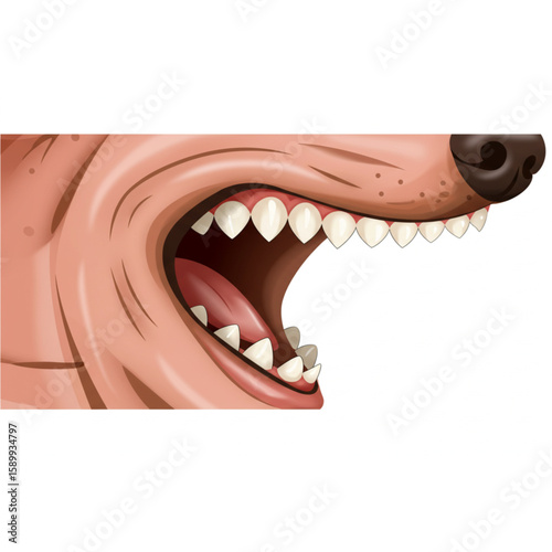 Close-up design showcases the open mouth of a canine with sharp teeth, perfect for animal themes and veterinary presentations.