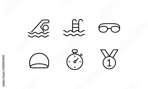 Minimalist swimming icons set featuring pool, goggles, stopwatch, and medal