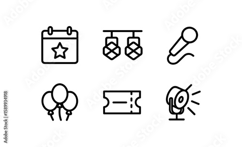 Event icons: linear style calendar, microphone, balloons, camera, ticket, and decor