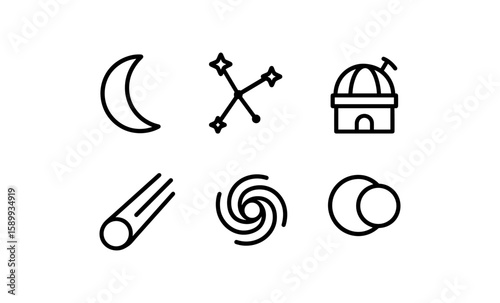 Minimalist astronomy icons: moon, constellation, observatory, comet, galaxy, planets