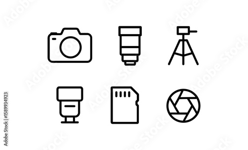 Photography equipment icons: camera, lens, tripod, flash, memory card, shutter in linear style
