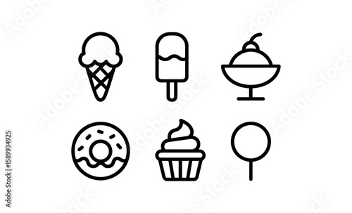 Minimalist dessert icons featuring ice cream, donut, and cupcake